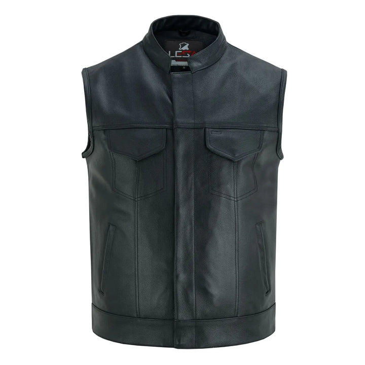 Men’s Cowhide Leather Motorcycle Vest – Black Leather Biker Vest with Collar, Zipper Snap Closure &amp; Concealed Carry Pockets
