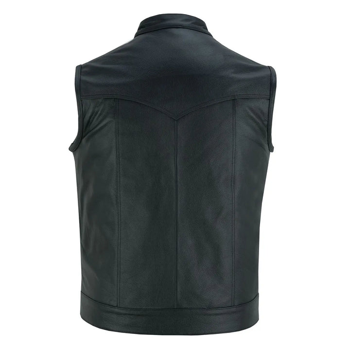 Men’s Cowhide Leather Motorcycle Vest – Black Leather Biker Vest with Collar, Zipper Snap Closure &amp; Concealed Carry Pockets