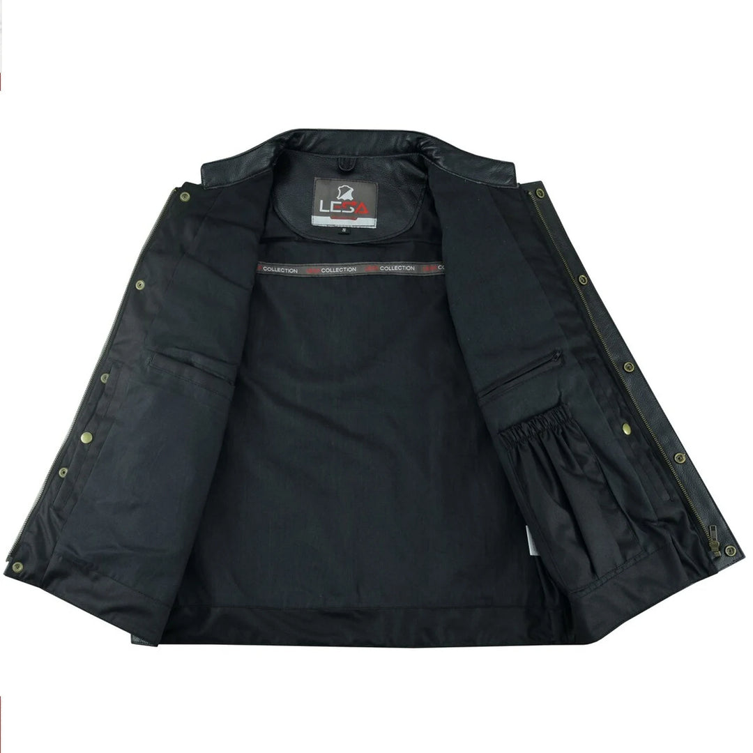 Men’s Cowhide Leather Motorcycle Vest – Black Leather Biker Vest with Collar, Zipper Snap Closure &amp; Concealed Carry Pockets