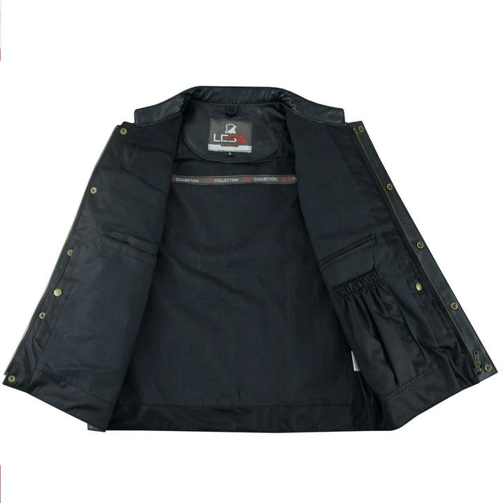 Men’s Cowhide Leather Motorcycle Vest – Black Leather Biker Vest with Collar, Zipper Snap Closure &amp; Concealed Carry Pockets