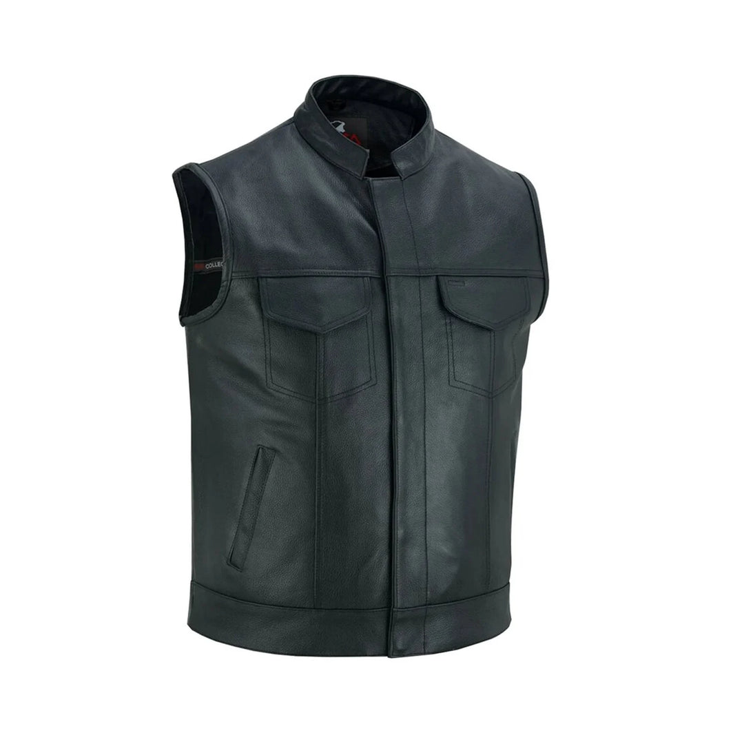 Men’s Cowhide Leather Motorcycle Vest – Black Leather Biker Vest with Collar, Zipper Snap Closure &amp; Concealed Carry Pockets