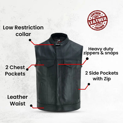 Mens Motorcycle Biker Black Leather Vest Anarchy Club Concealed Carry