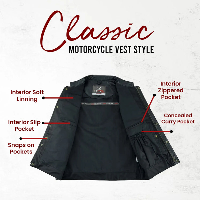 Mens Motorcycle Biker Black Leather Vest Anarchy Club Concealed Carry