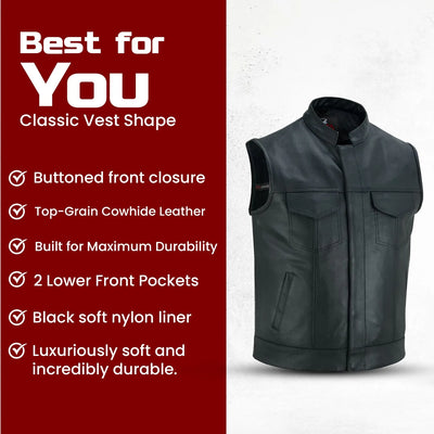 Mens Motorcycle Biker Black Leather Vest Anarchy Club Concealed Carry