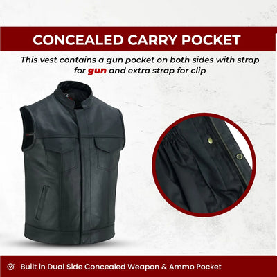 Mens Motorcycle Biker Black Leather Vest Anarchy Club Concealed Carry