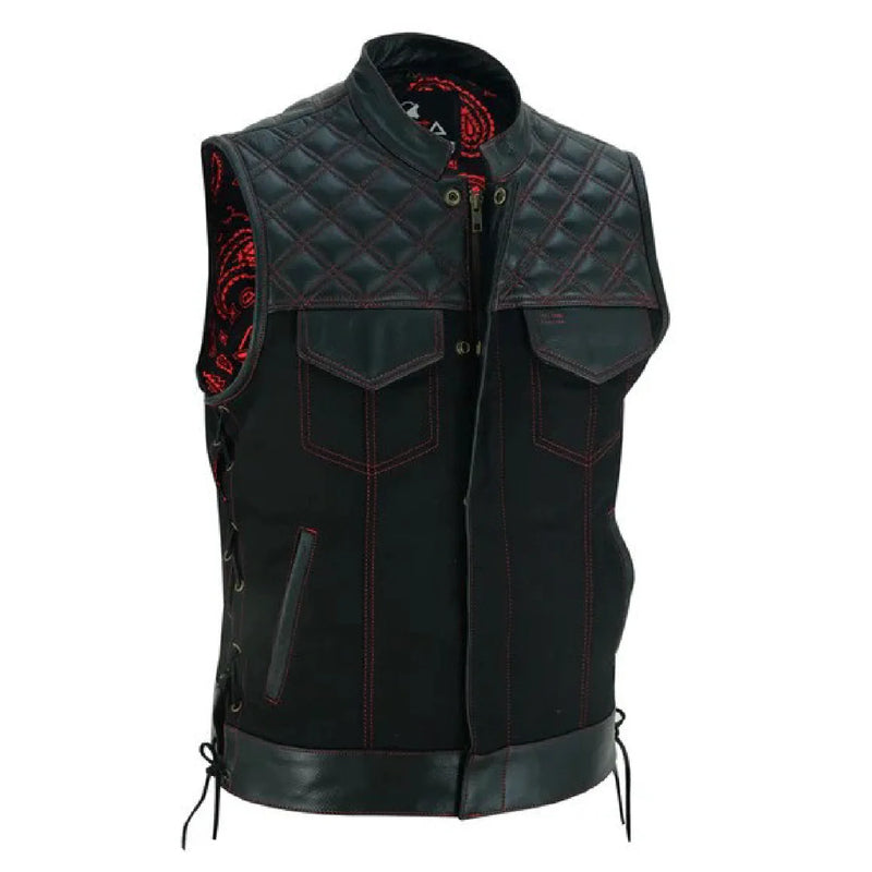 Mens Padded Black Denim Motorcycle Vest - Side Lace Up