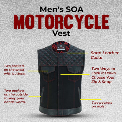 Red stiches Men's SOA Motorcycle Vest Red Thread Club Vest Concealed Gun Pockets