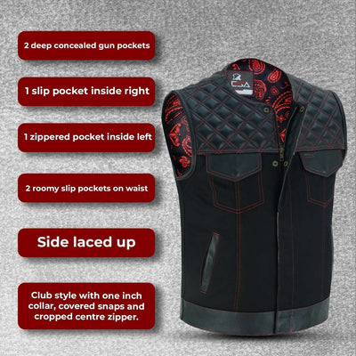 Red stiches Men's SOA Motorcycle Vest Red Thread Club Vest Concealed Gun Pockets