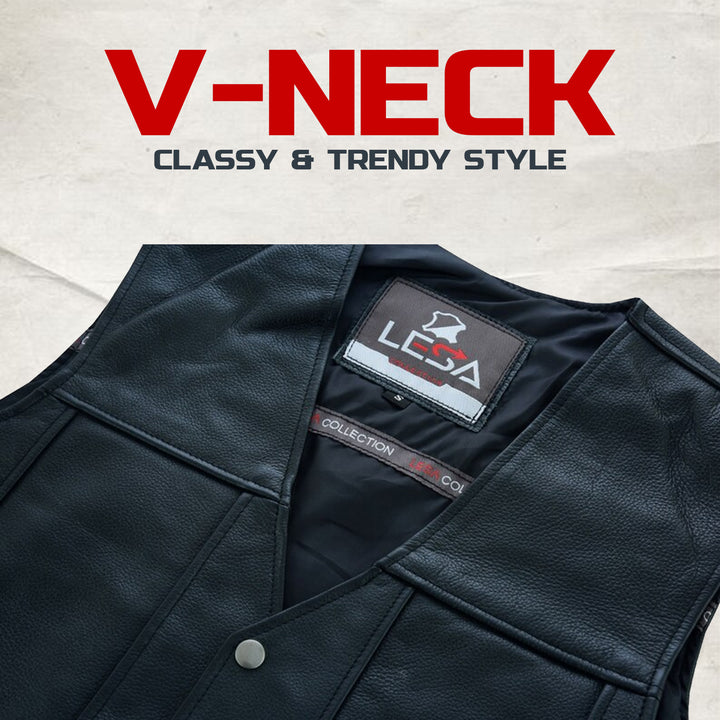 Men’s 10 Pocket Leather Motorcycle Vest – Genuine Cowhide Biker Vest with Side Laces, Concealed Carry Pockets &amp; V-Neck Snap Closure