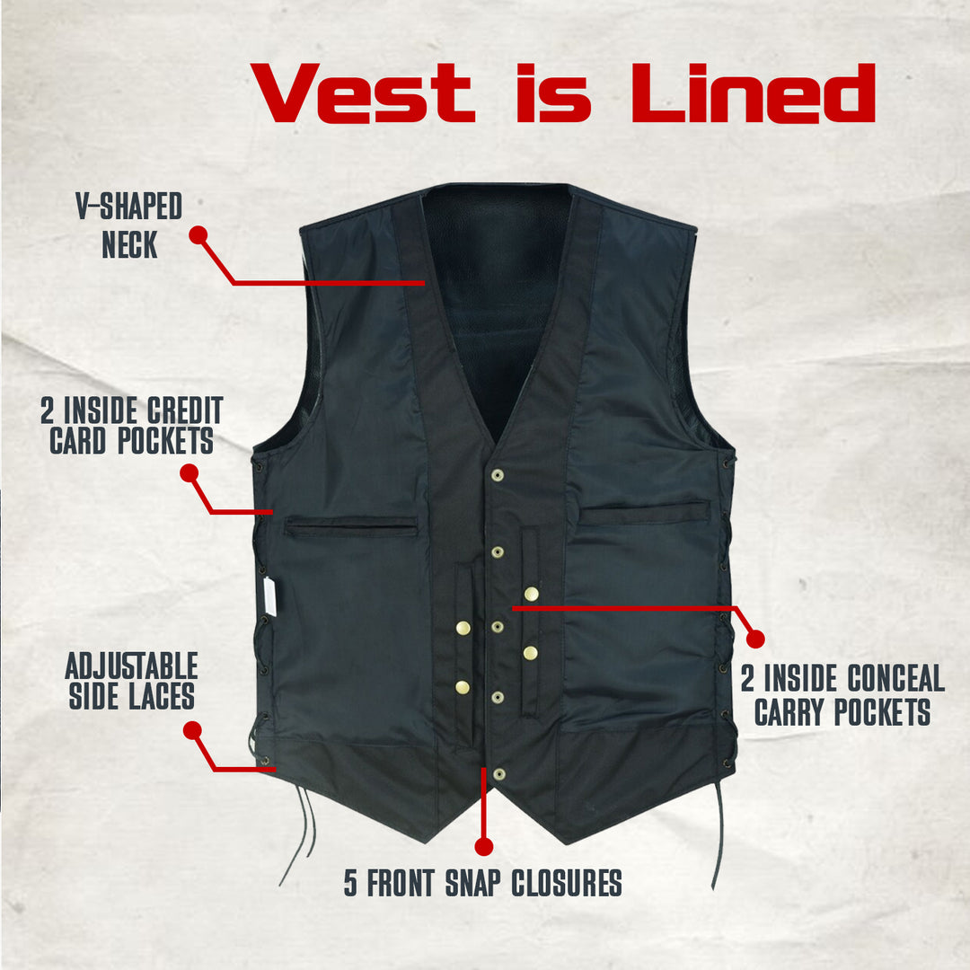 Men’s 10 Pocket Leather Motorcycle Vest – Genuine Cowhide Biker Vest with Side Laces, Concealed Carry Pockets &amp; V-Neck Snap Closure