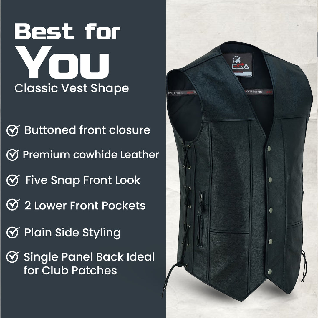 Men’s 10 Pocket Leather Motorcycle Vest – Genuine Cowhide Biker Vest with Side Laces, Concealed Carry Pockets &amp; V-Neck Snap Closure