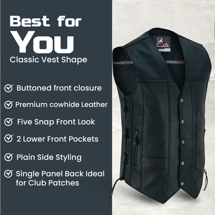 Men’s 10 Pocket Leather Motorcycle Vest – Genuine Cowhide Biker Vest with Side Laces, Concealed Carry Pockets &amp; V-Neck Snap Closure