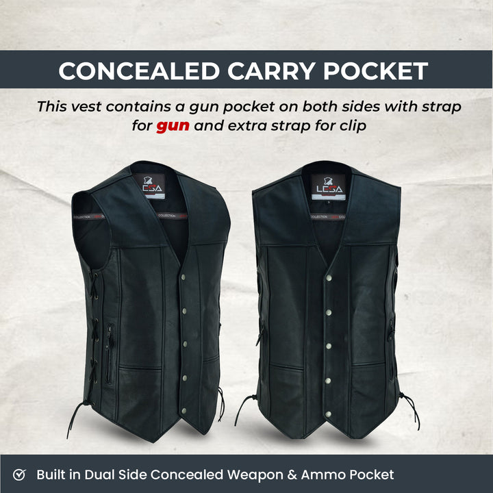 Men’s 10 Pocket Leather Motorcycle Vest – Genuine Cowhide Biker Vest with Side Laces, Concealed Carry Pockets &amp; V-Neck Snap Closure
