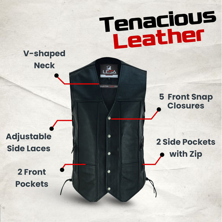 Men’s 10 Pocket Leather Motorcycle Vest – Genuine Cowhide Biker Vest with Side Laces, Concealed Carry Pockets &amp; V-Neck Snap Closure