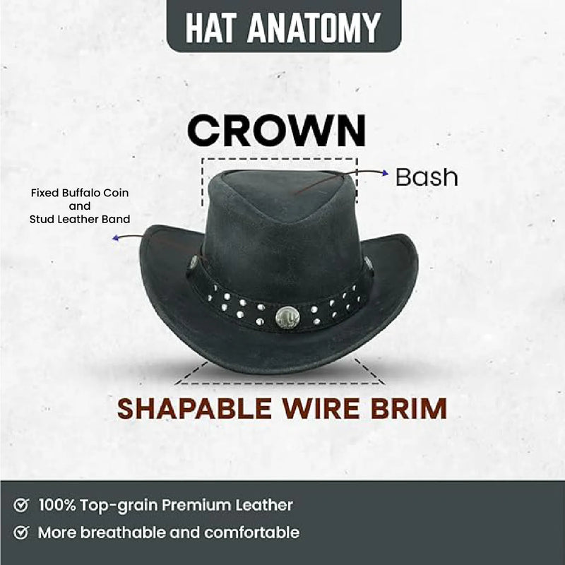 Unisex Australian Black Vintage Cowboy Leather Hat