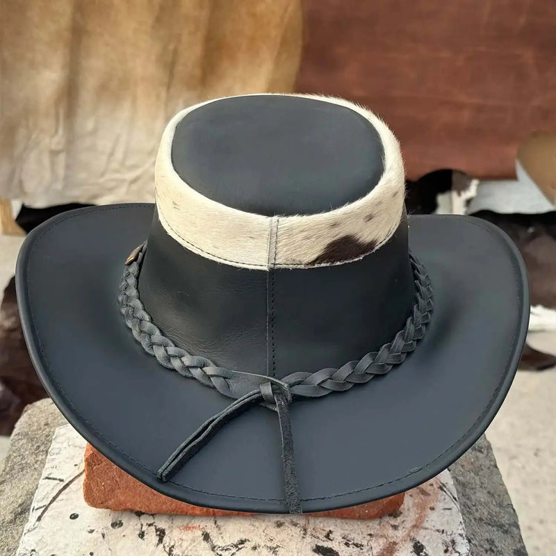 Unisex Black Western Leather Cowboy Hat Genuine Cow Hair
