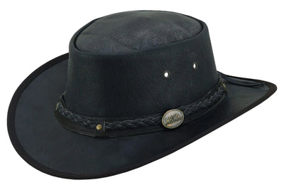 Unisex Crushable Leather Outback Hat Black