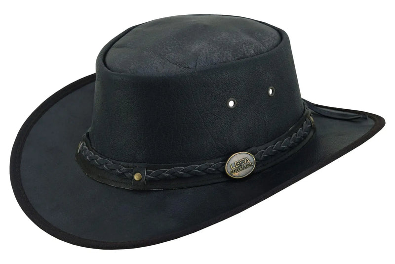 Unisex Crushable Leather Outback Hat Black