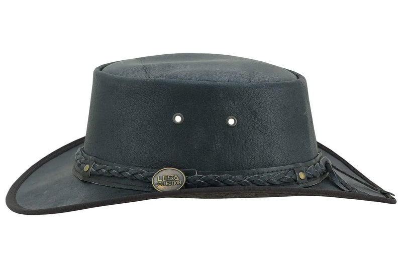 Unisex Crushable Leather Outback Hat Black