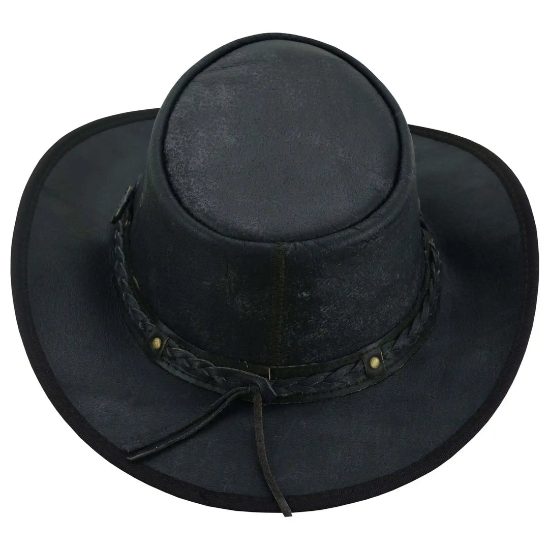 Unisex Crushable Leather Outback Hat Black