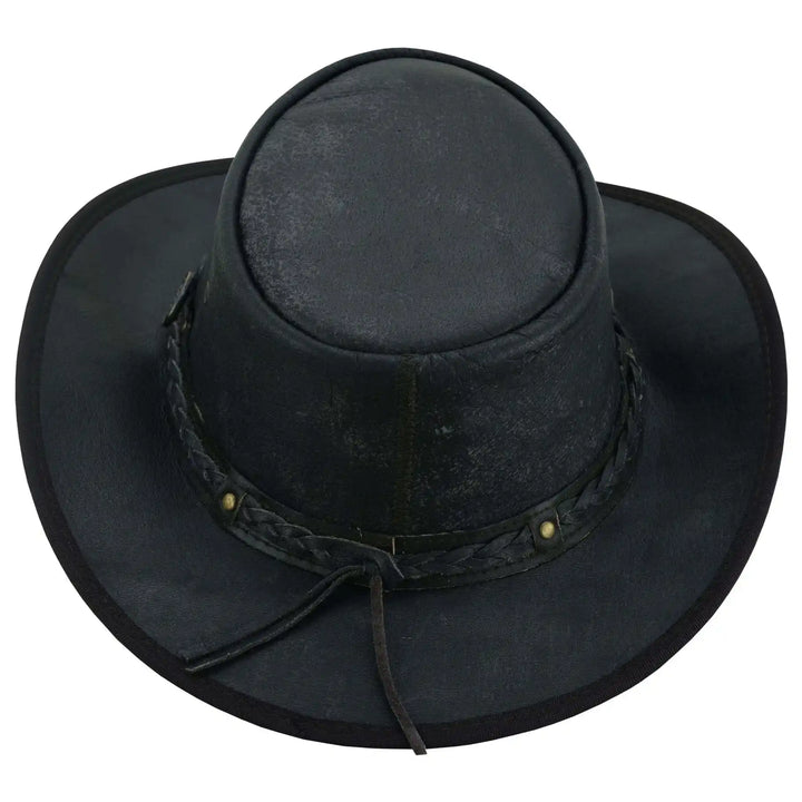 Unisex Crushable Leather Outback Hat Black