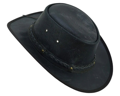 Unisex Crushable Leather Outback Hat Black