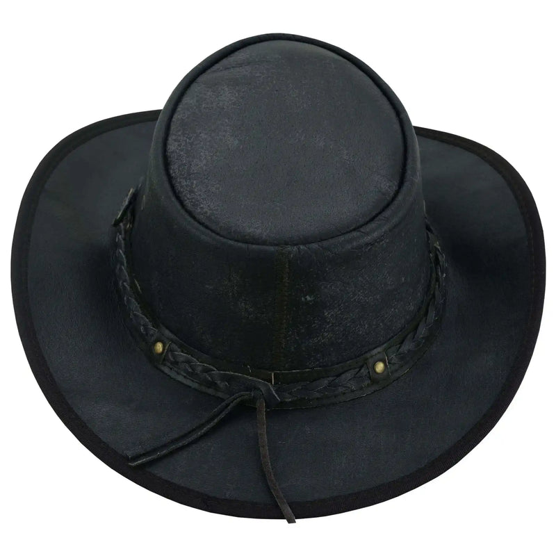 Unisex Crushable Leather Outback Hat Black