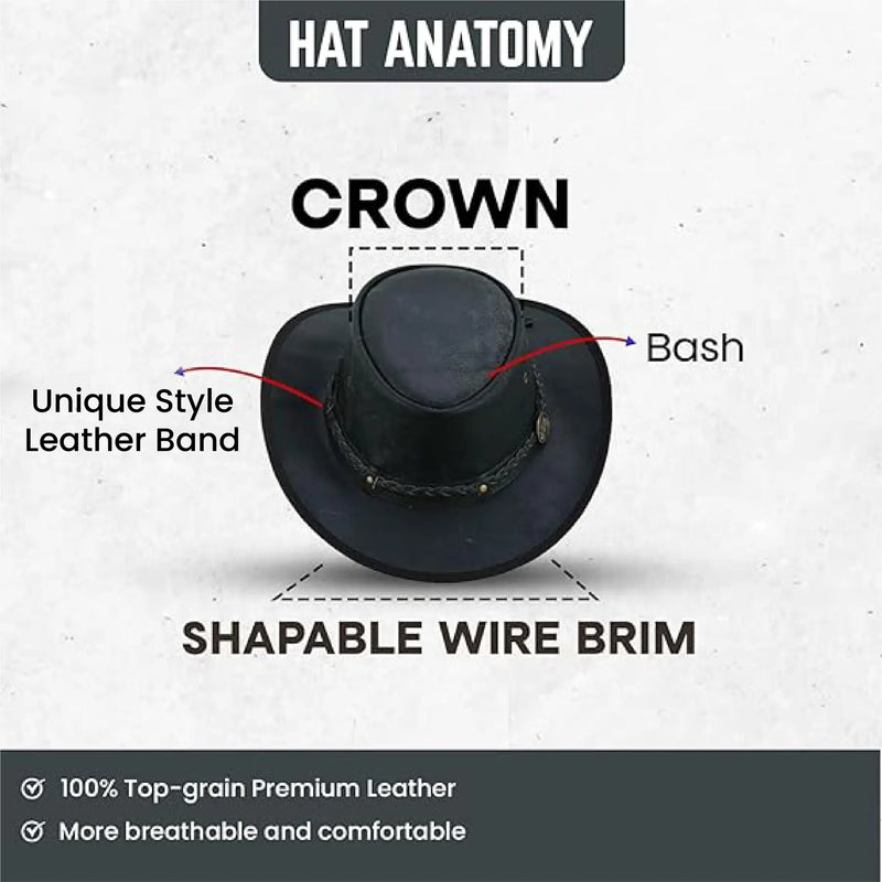 Unisex Crushable Leather Outback Hat Black