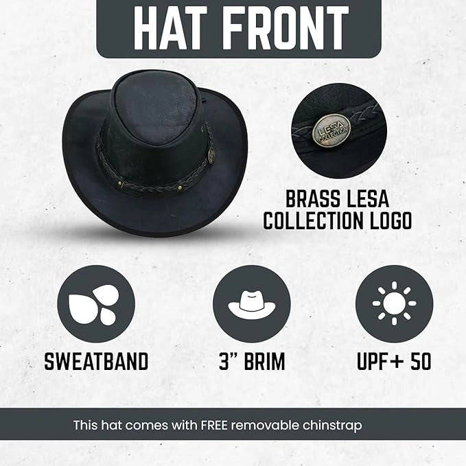 Unisex Crushable Leather Outback Hat Black