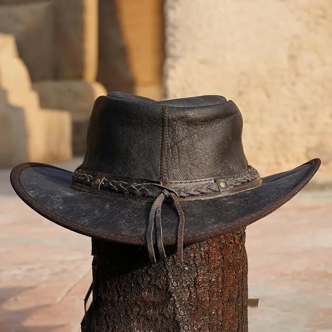 Unisex Crushable Leather Outback Hat Brown