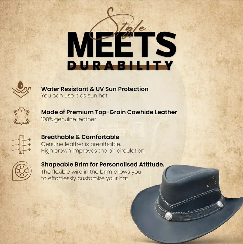 Unisex Norwich Black Leather Cowboy Hat For Men & Women