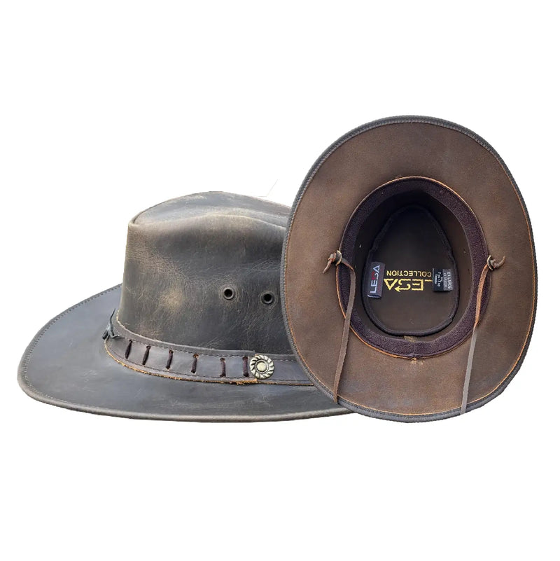 Unisex Vintage Leather Cowboy Hat - Bull Stud Braided Design