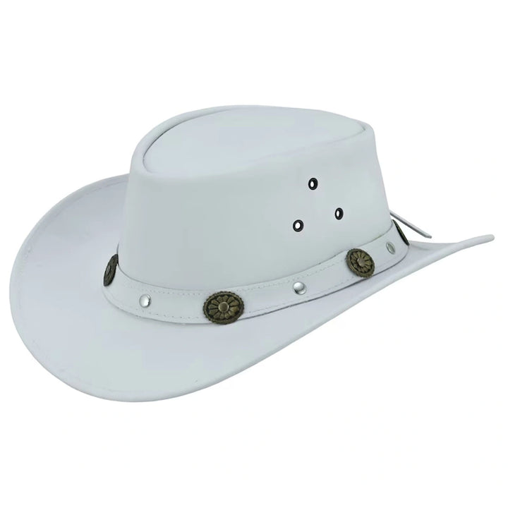 Unisex Western Concho Style White Leather Outback Cowboy Hat