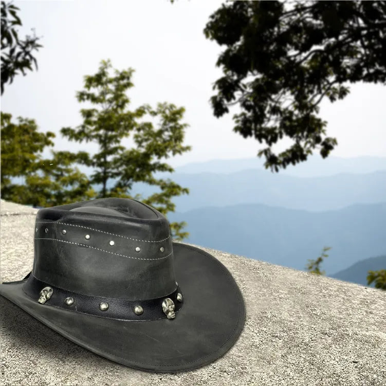 Unisex Western Leather Cowboy Hat – Skull & Studs Design