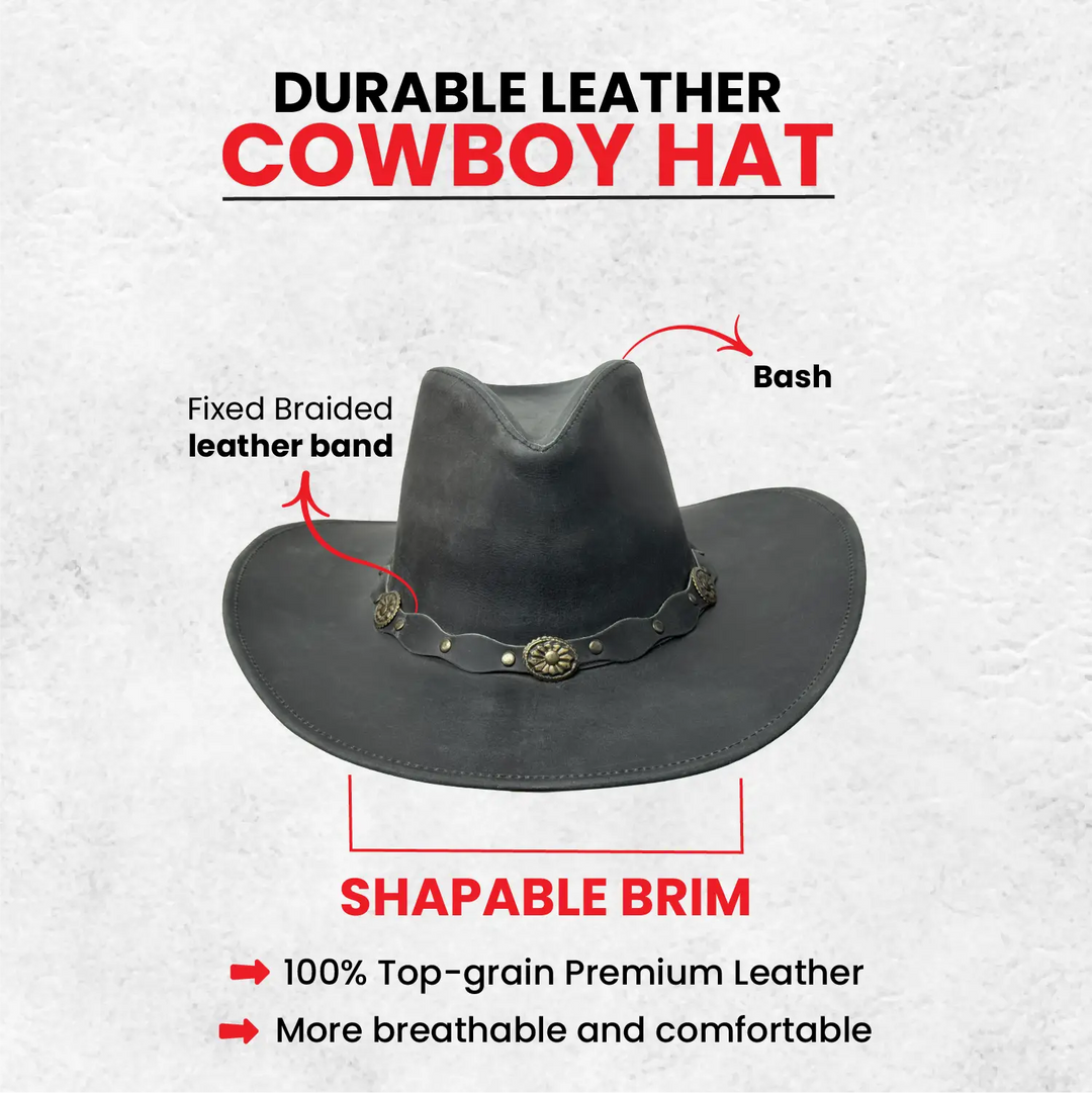 Unisex Western Style Blacked Vintage Deadwood Leather Cowboy Hat