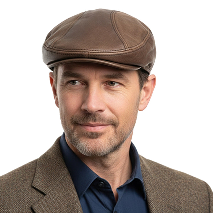 Genuine Distressed Leather Flat Ivy Cap for Men &amp; Women – Vintage Newsboy Driving Hat with Adjustable Fit, Soft Lining &amp; Classic Short Brim – Light Brown