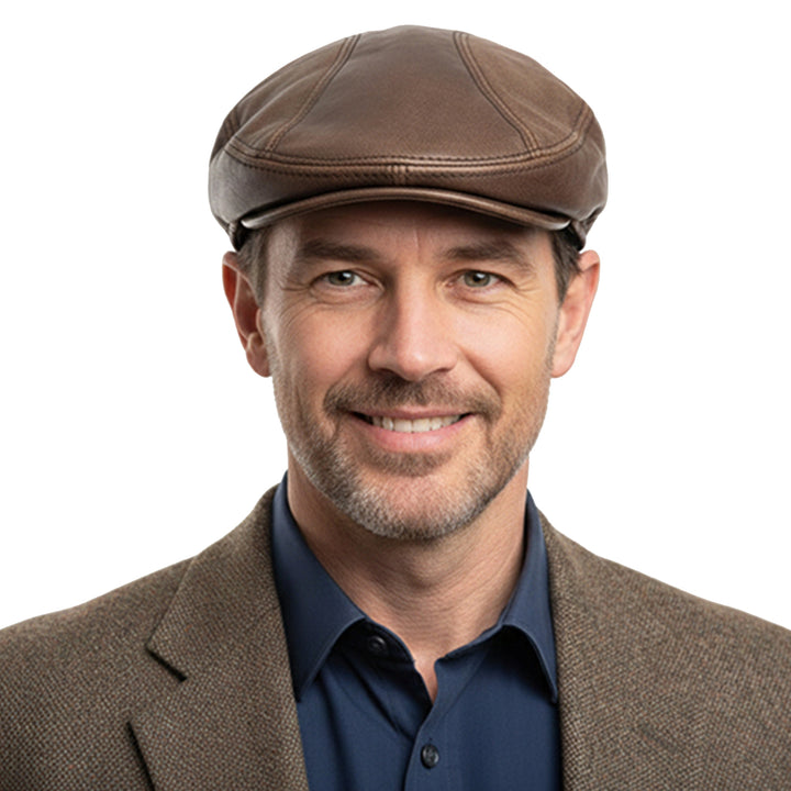 Genuine Distressed Leather Flat Ivy Cap for Men &amp; Women – Vintage Newsboy Driving Hat with Adjustable Fit, Soft Lining &amp; Classic Short Brim – Light Brown