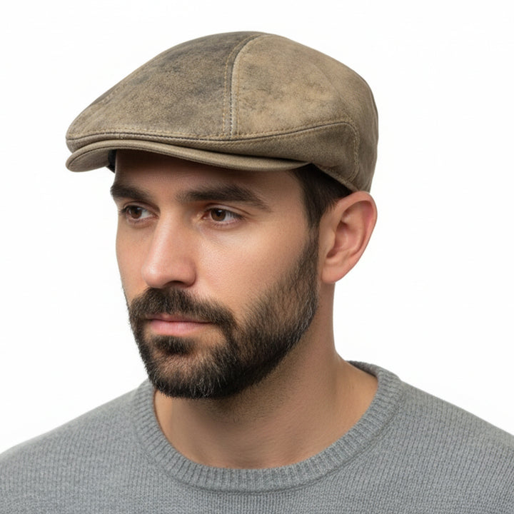 Konic Distressed Genuine Leather Flat Ivy Cap for Men &amp; Women – Vintage Newsboy Cap Classic Short Brim