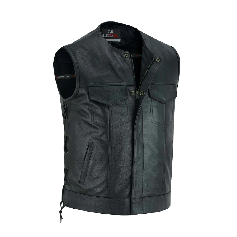 Leather Vests for Men | Vest for Men Collarless | Leather Biker Vest | Lesa Collection Side Laces Leather Vest