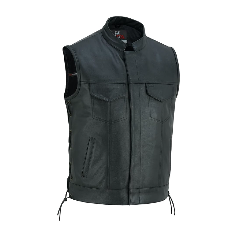 Genuine Cowhide Black Leather Vest Men with Concealed Carry Pockets and Side Laces