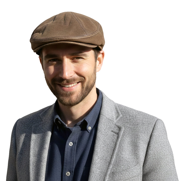Genuine Distressed Leather Flat Ivy Cap for Men &amp; Women – Vintage Newsboy Driving Hat with Adjustable Fit, Soft Lining &amp; Classic Short Brim – Light Brown