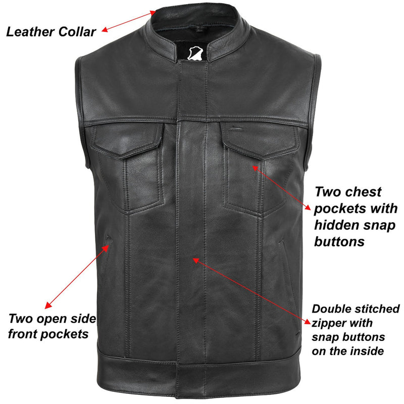 Mens Motorcycle Biker Black Leather Vest Anarchy Club Concealed Carry