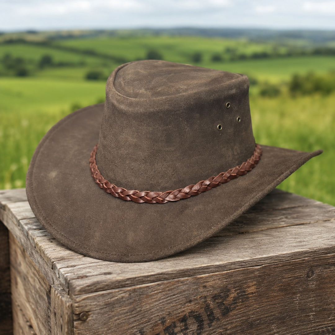 Buttermere Top Grain Leather Cowboy Hat for Men &amp; Women – Handcrafted Western Outback Hat with Braided Band &amp; Wide Brim
