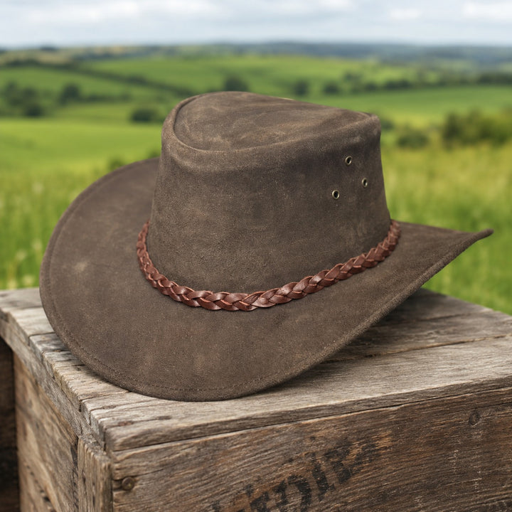 Buttermere Top Grain Leather Cowboy Hat for Men &amp; Women – Handcrafted Western Outback Hat with Braided Band &amp; Wide Brim