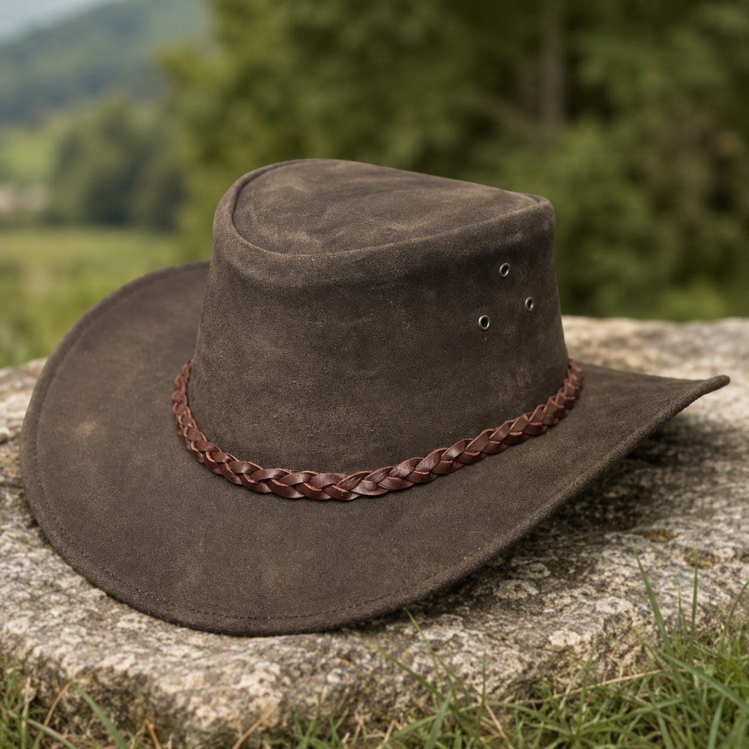 Buttermere Top Grain Leather Cowboy Hat for Men &amp; Women – Handcrafted Western Outback Hat with Braided Band &amp; Wide Brim
