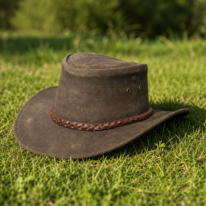 Buttermere Top Grain Leather Cowboy Hat for Men &amp; Women – Handcrafted Western Outback Hat with Braided Band &amp; Wide Brim