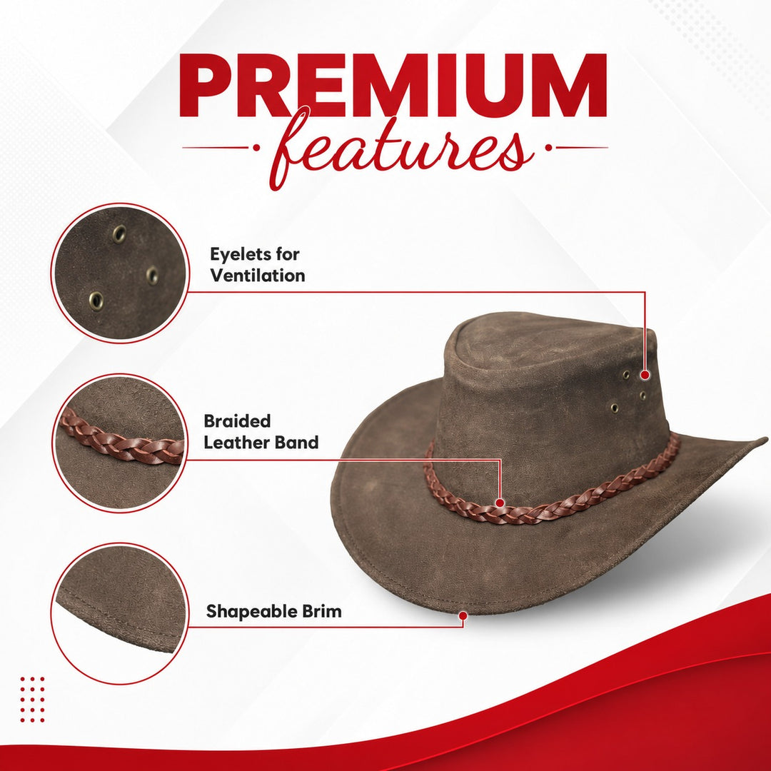 Buttermere Top Grain Leather Cowboy Hat for Men &amp; Women – Handcrafted Western Outback Hat with Braided Band &amp; Wide Brim