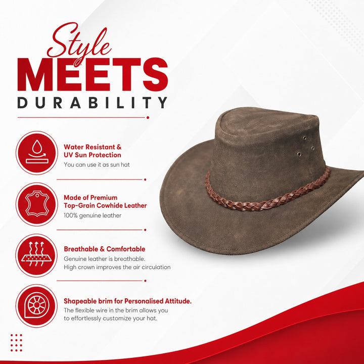 Buttermere Top Grain Leather Cowboy Hat for Men &amp; Women – Handcrafted Western Outback Hat with Braided Band &amp; Wide Brim