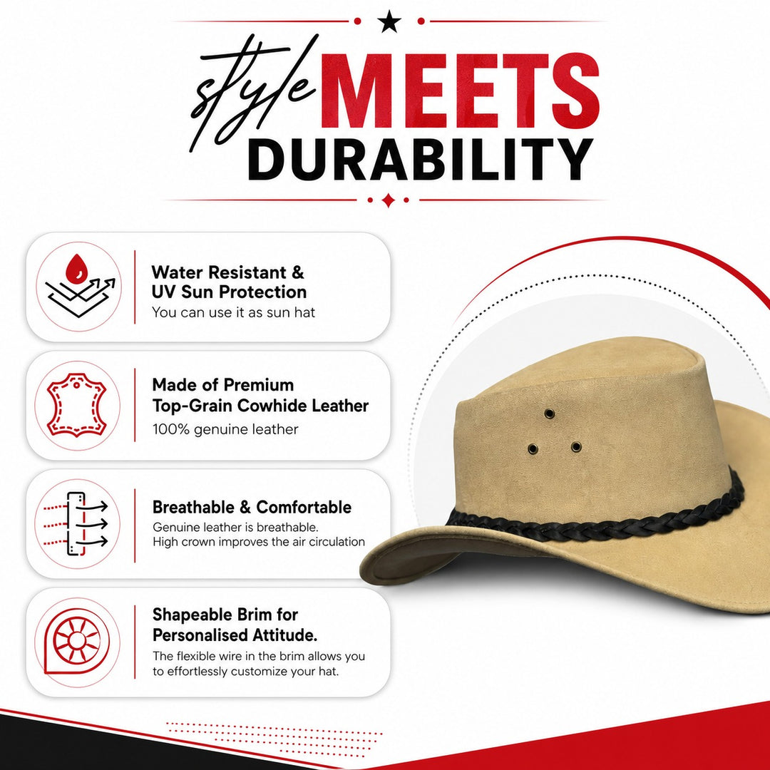 Buttermere Top Grain Leather Cowboy Hat for Men &amp; Women – Handcrafted Western Outback Hat with Braided Band &amp; Wide Brim
