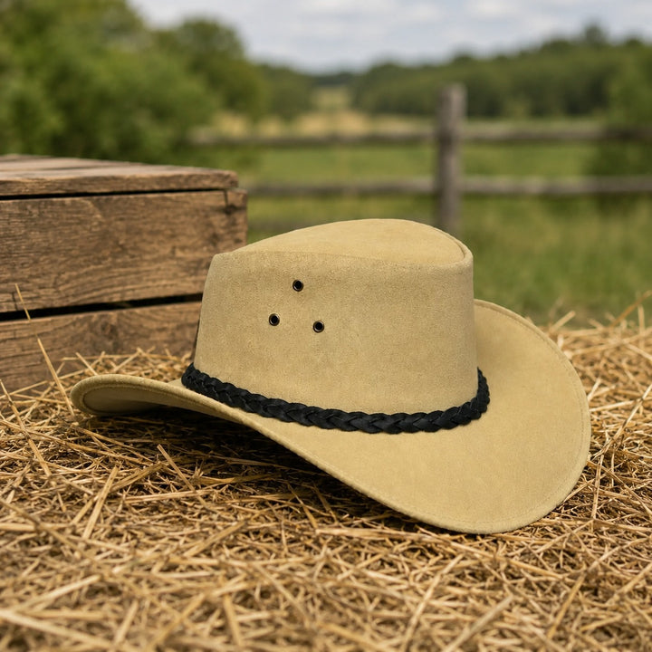 Buttermere Top Grain Leather Cowboy Hat for Men &amp; Women – Handcrafted Western Outback Hat with Braided Band &amp; Wide Brim